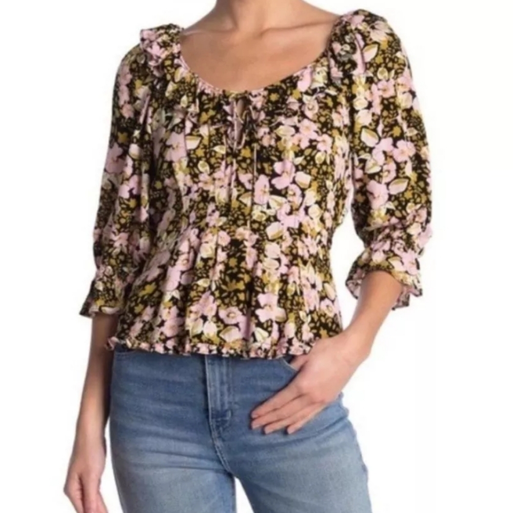 Free People Pink and Olive Floral Peasant Blouse